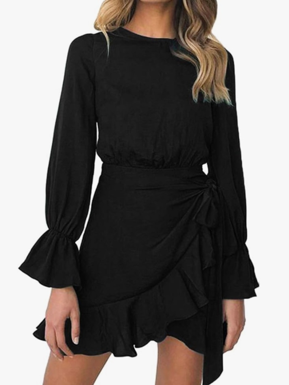Black Long-Sleeve Wrap Ruffle Dress